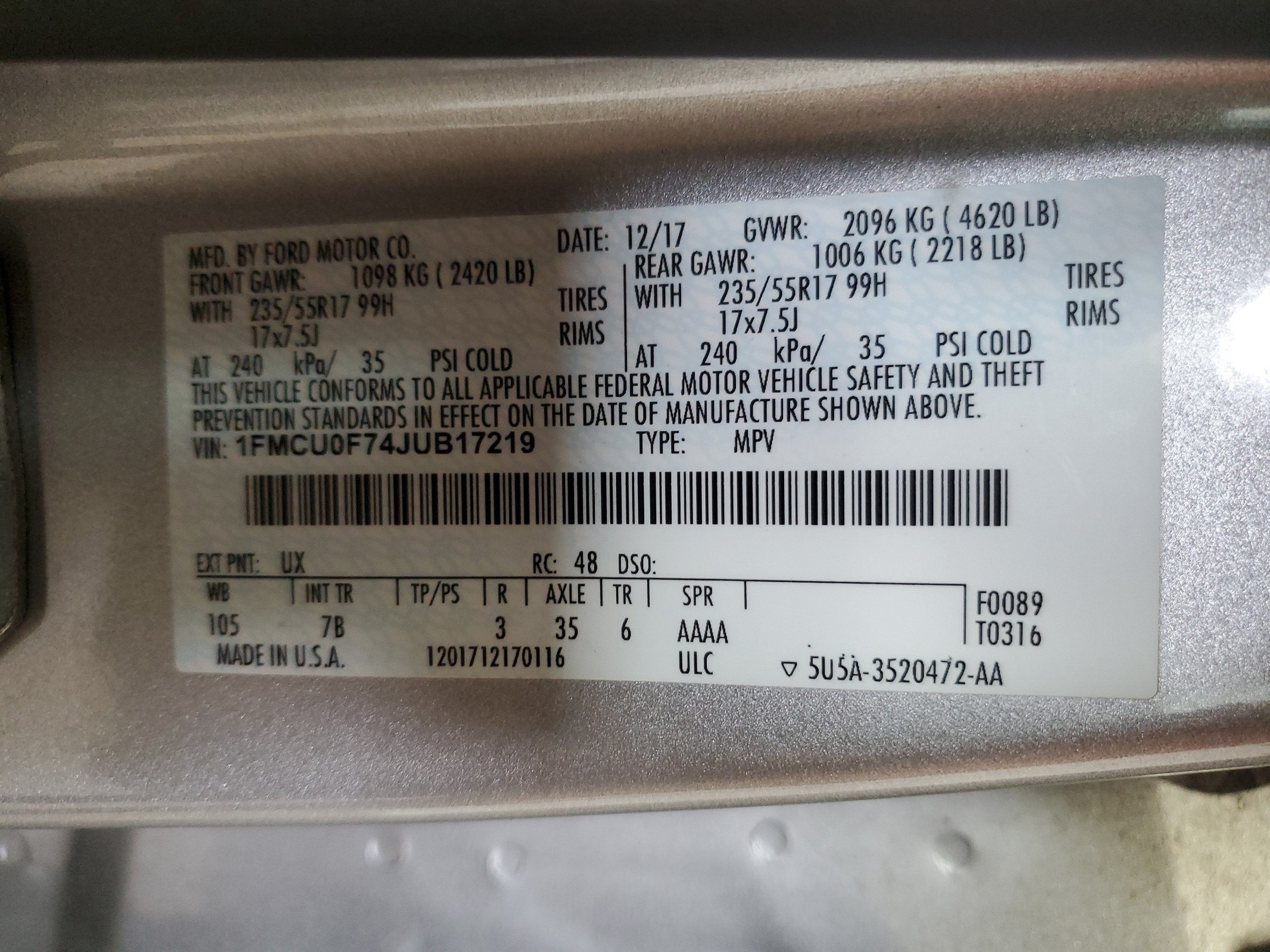 1FMCU0F74JUB17219 2018 Ford Escape S