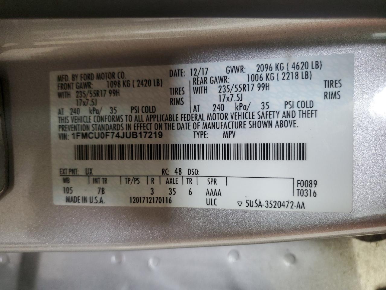 2018 Ford Escape S VIN: 1FMCU0F74JUB17219 Lot: 62933534