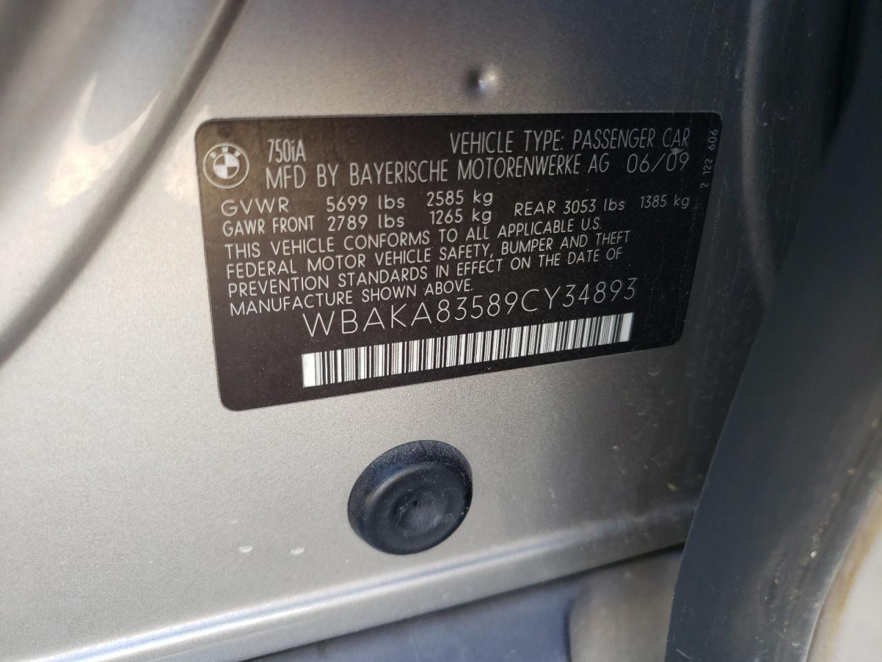 2009 BMW 750 I VIN: WBAKA83589CY34893 Lot: 63937304