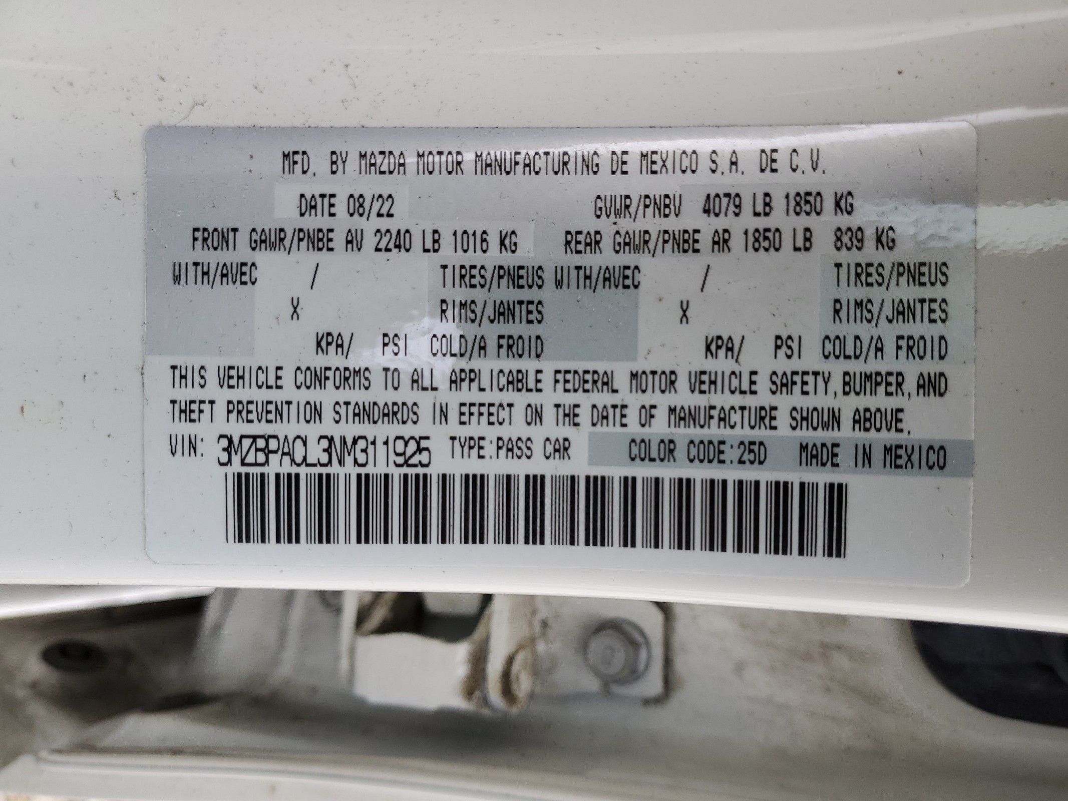 3MZBPACL3NM311925 2022 Mazda 3 Preferred