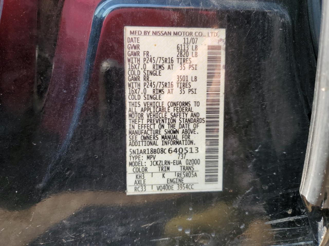 2008 Nissan Pathfinder S VIN: 5N1AR18B08C640513 Lot: 60817504