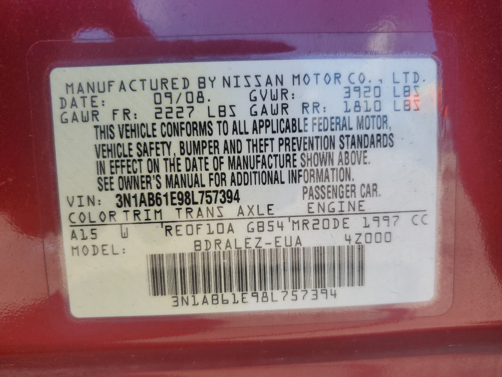 3N1AB61E98L757394 2008 Nissan Sentra 2.0