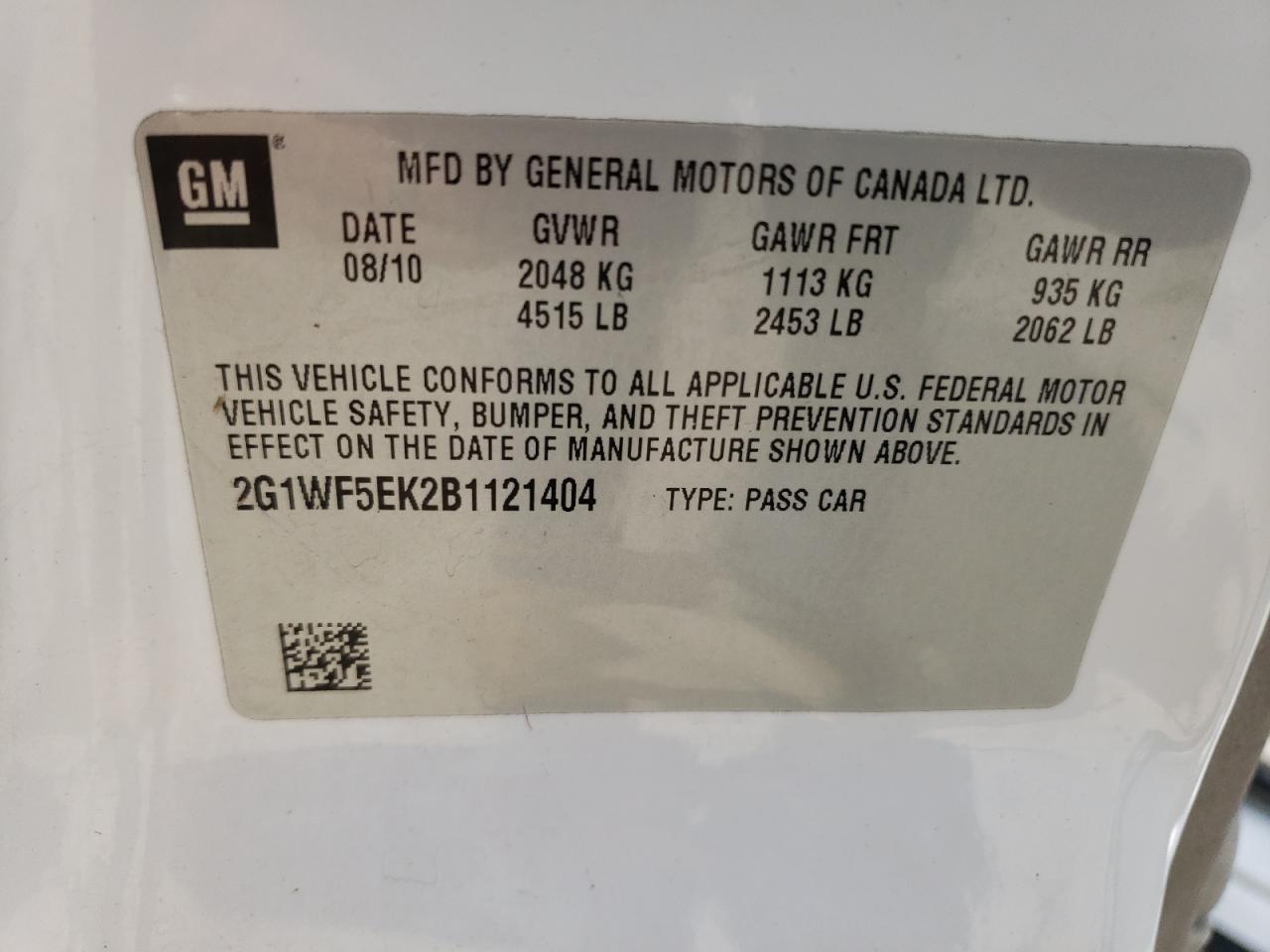 2011 Chevrolet Impala Ls VIN: 2G1WF5EK2B1121404 Lot: 63073154