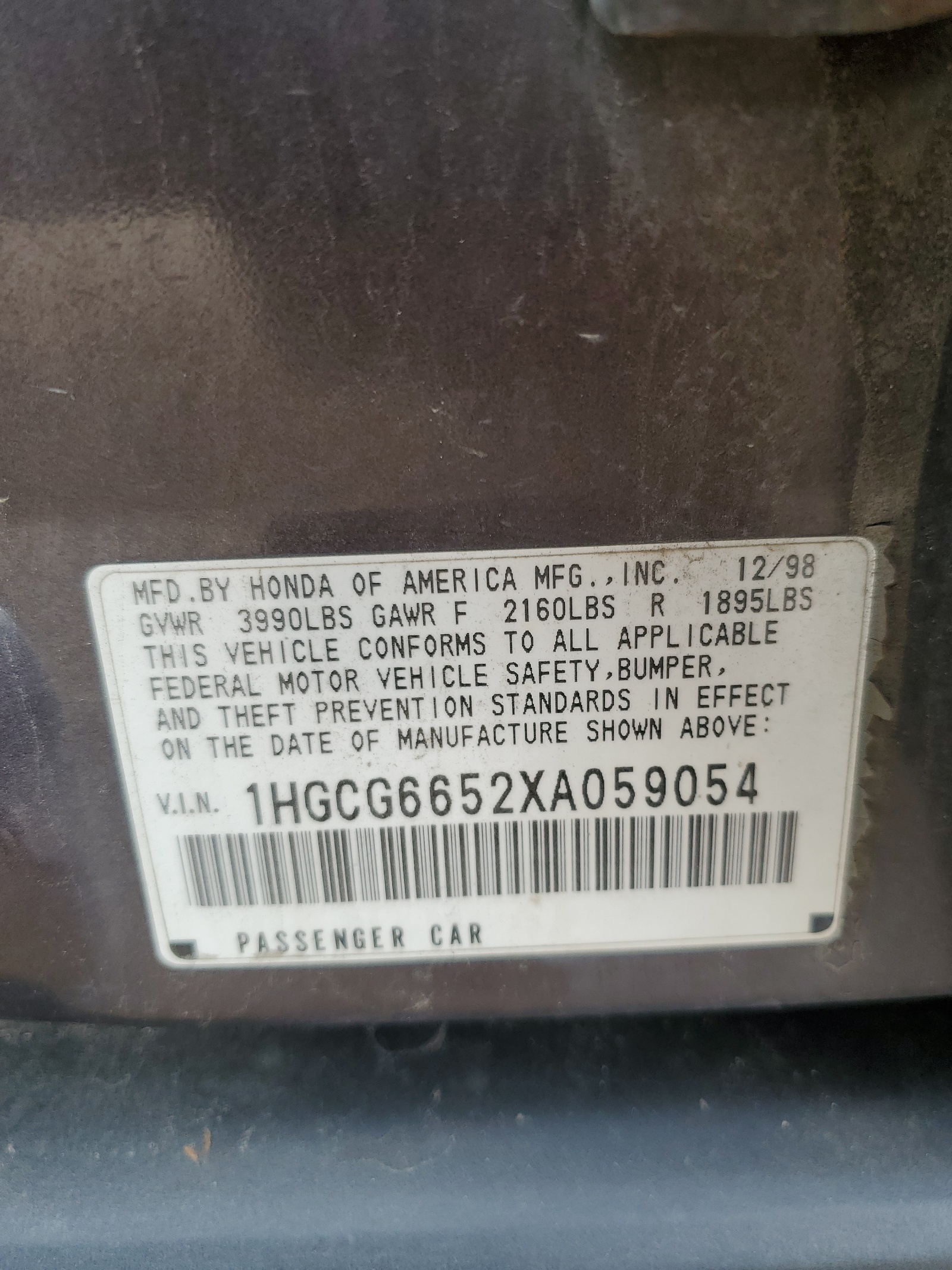 1HGCG6652XA059054 1999 Honda Accord Lx