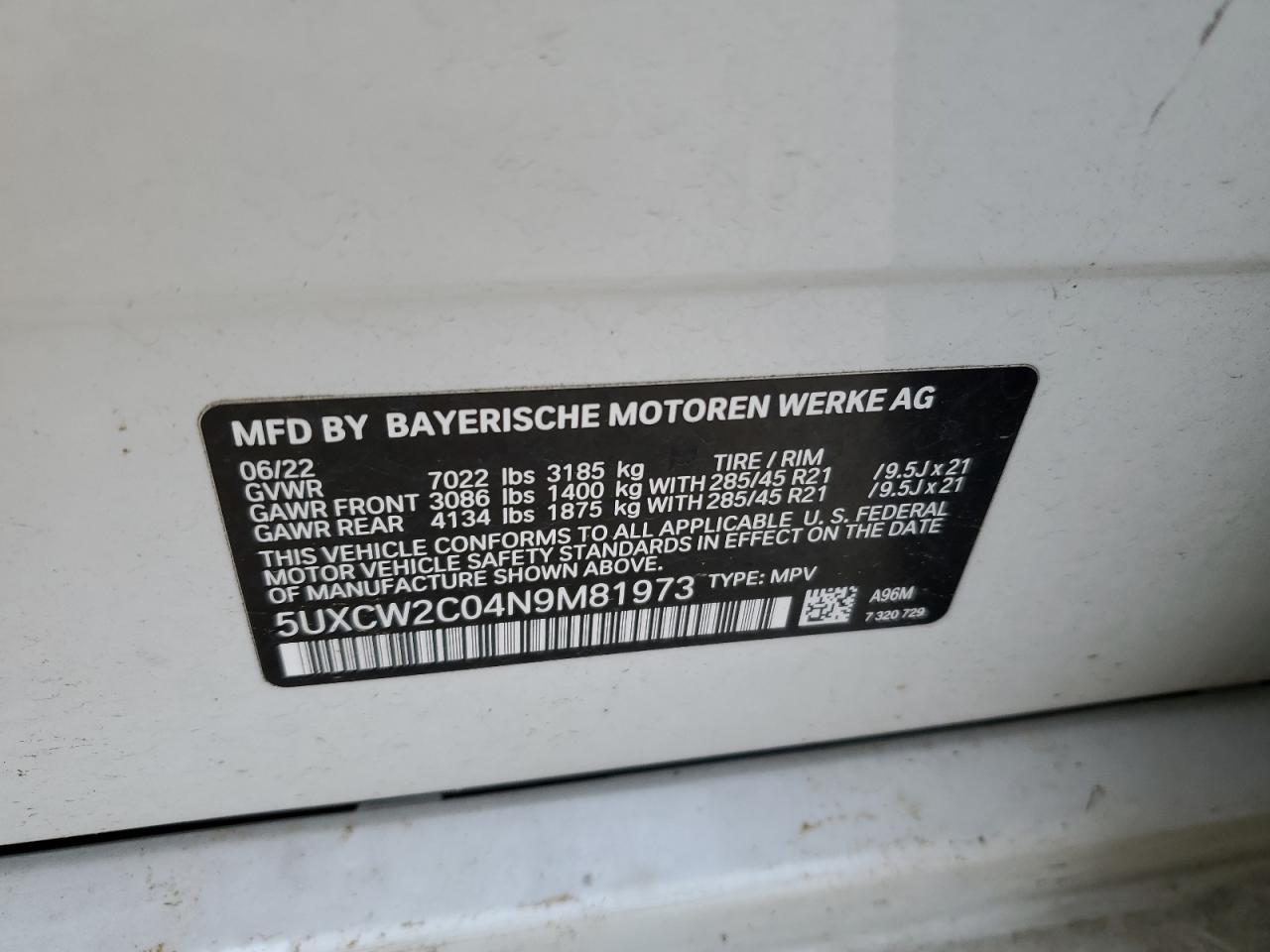 5uxcw2c04n9m81973 5UXCW2C04N9M81973 2022 BMW X7 xDrive40I