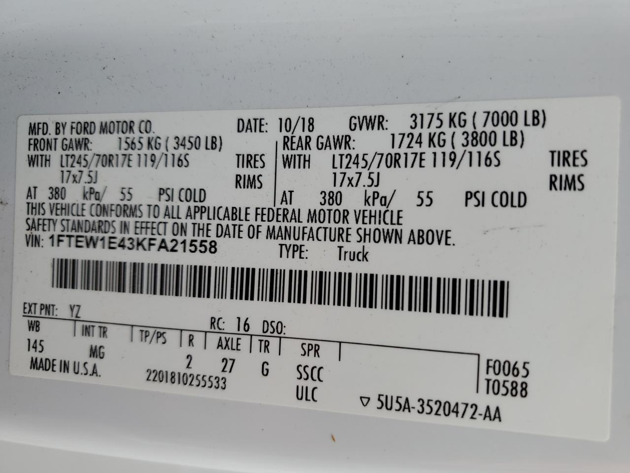 2019 Ford F150 Supercrew VIN: 1FTEW1E43KFA21558 Lot: 64154634