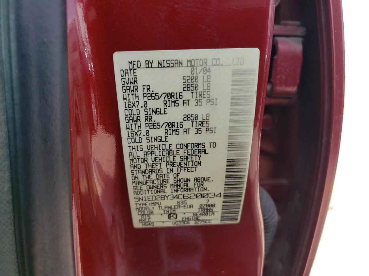 2004 Nissan Xterra Xe VIN: 5N1ED28Y34C620034 Lot: 63421474