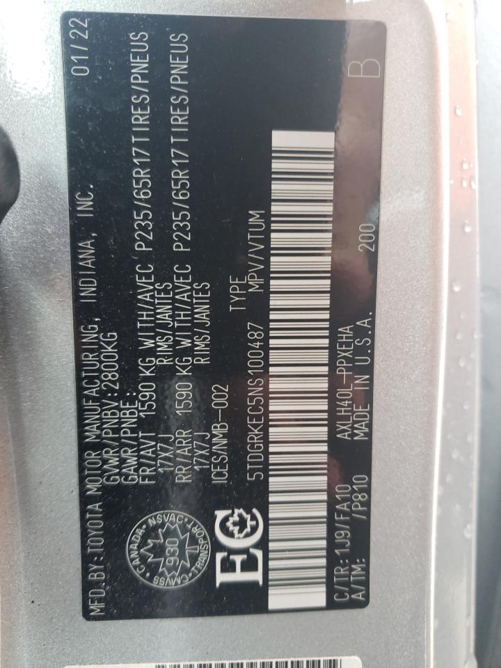 2022 Toyota Sienna Le VIN: 5TDGRKEC5NS100487 Lot: 64198044