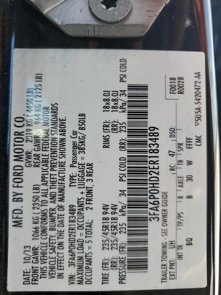 2014 Ford Fusion Se VIN: 3FA6P0HD2ER183489 Lot: 62318424