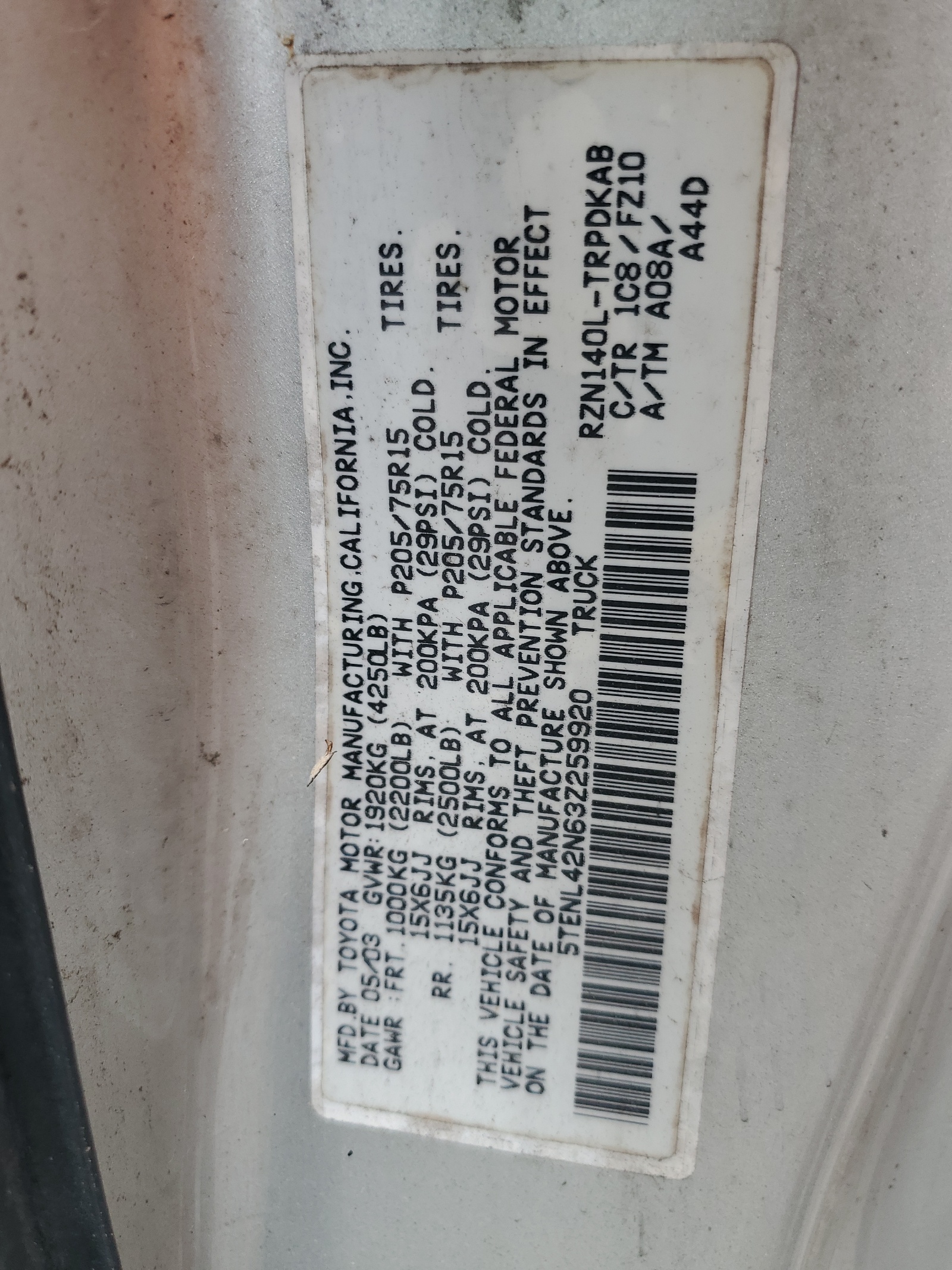 5TENL42N63Z259920 2003 Toyota Tacoma