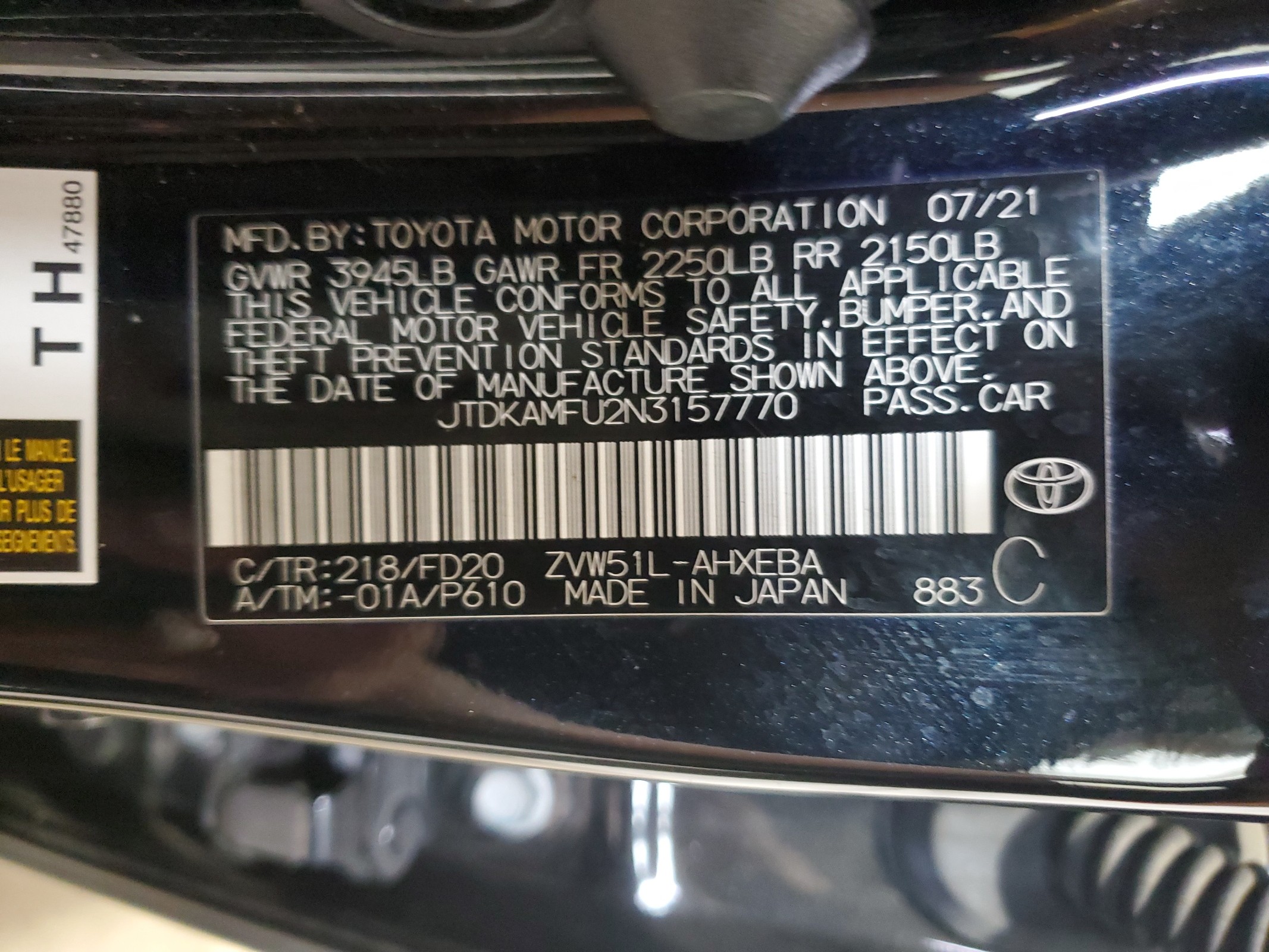 JTDKAMFU2N3157770 2022 Toyota Prius Night Shade