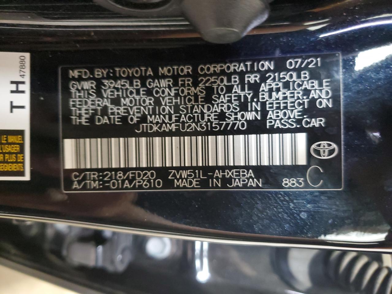 2022 Toyota Prius Night Shade VIN: JTDKAMFU2N3157770 Lot: 65511804