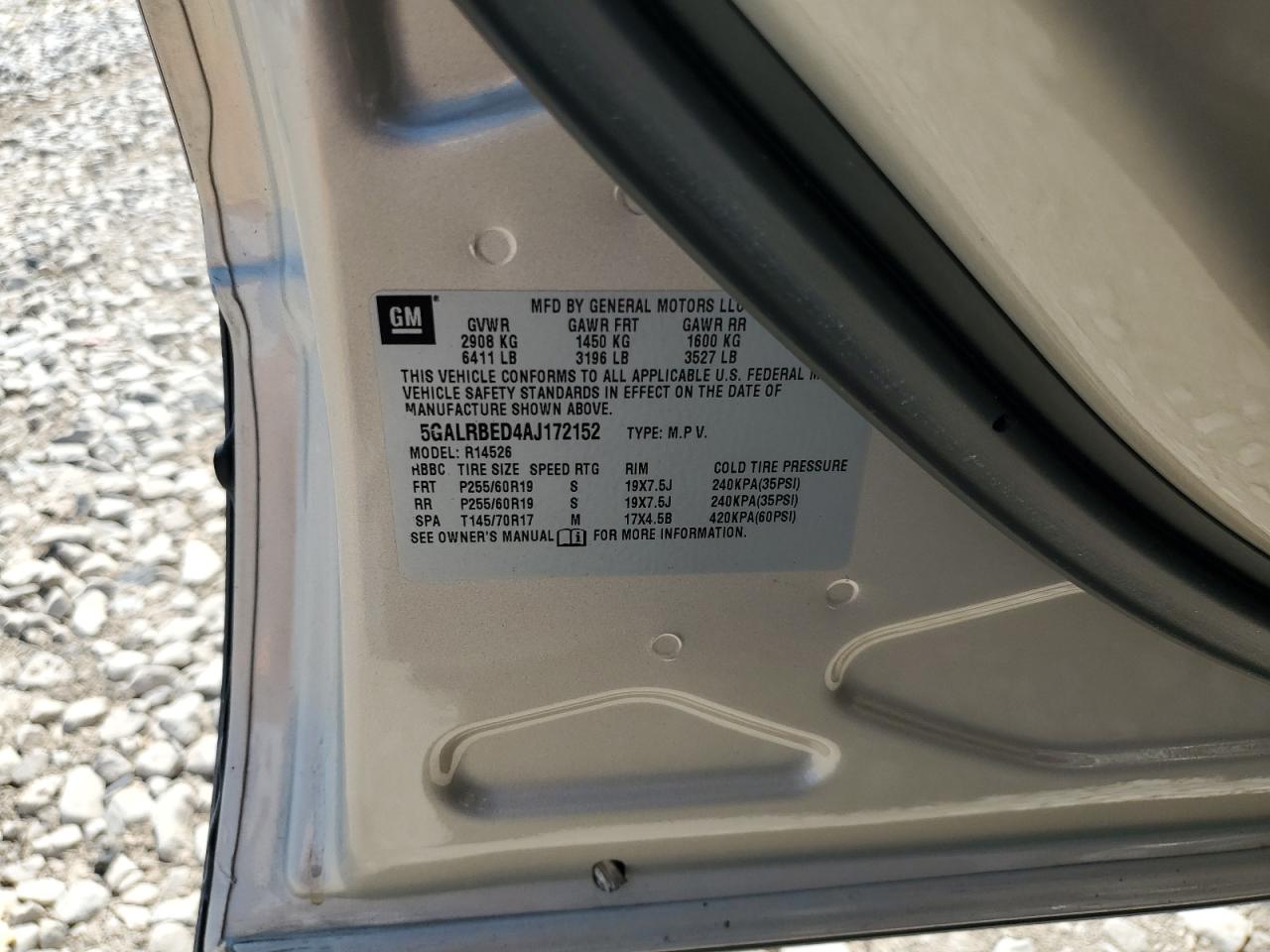 2010 Buick Enclave Cxl VIN: 5GALRBED4AJ172152 Lot: 65066514