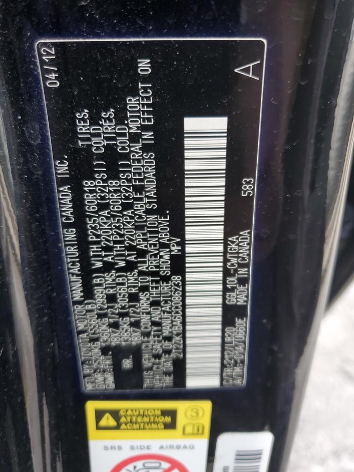 2012 Lexus Rx 350 VIN: 2T2ZK1BA6CC086238 Lot: 64939364