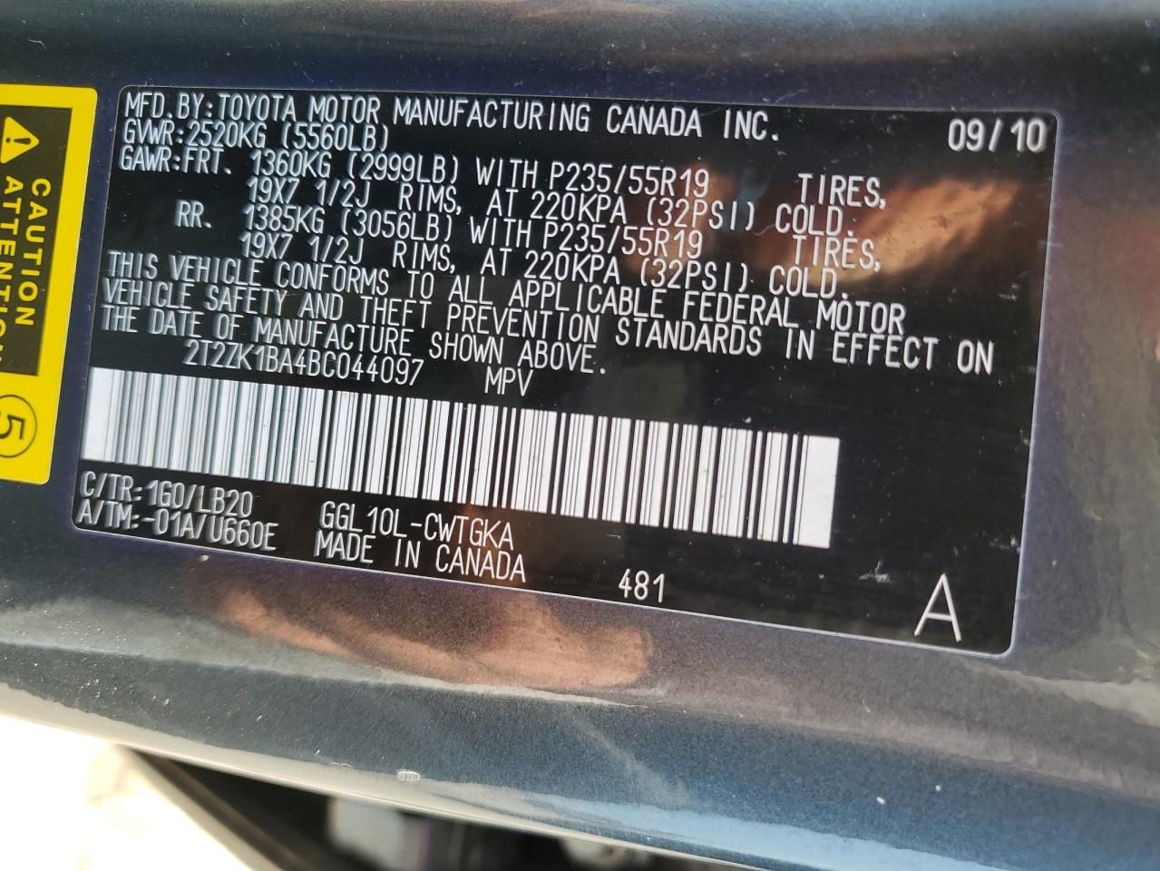 2011 Lexus Rx 350 VIN: 2T2ZK1BA4BC044097 Lot: 60900724