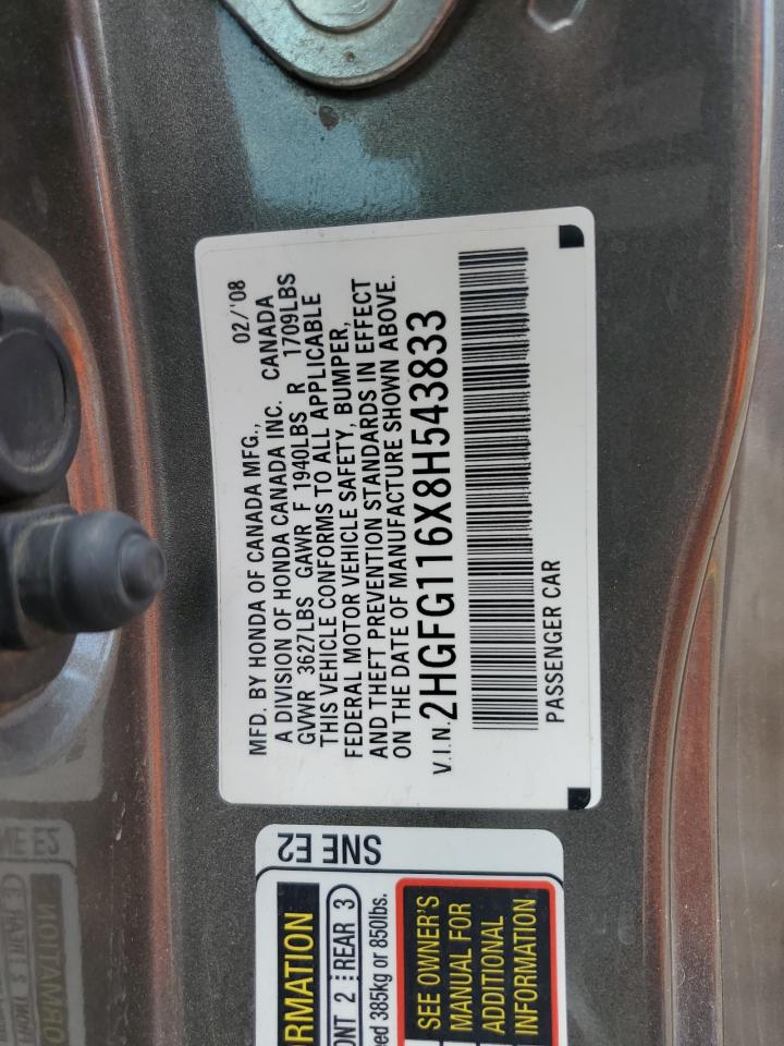 2008 Honda Civic Lx VIN: 2HGFG116X8H543833 Lot: 78877964