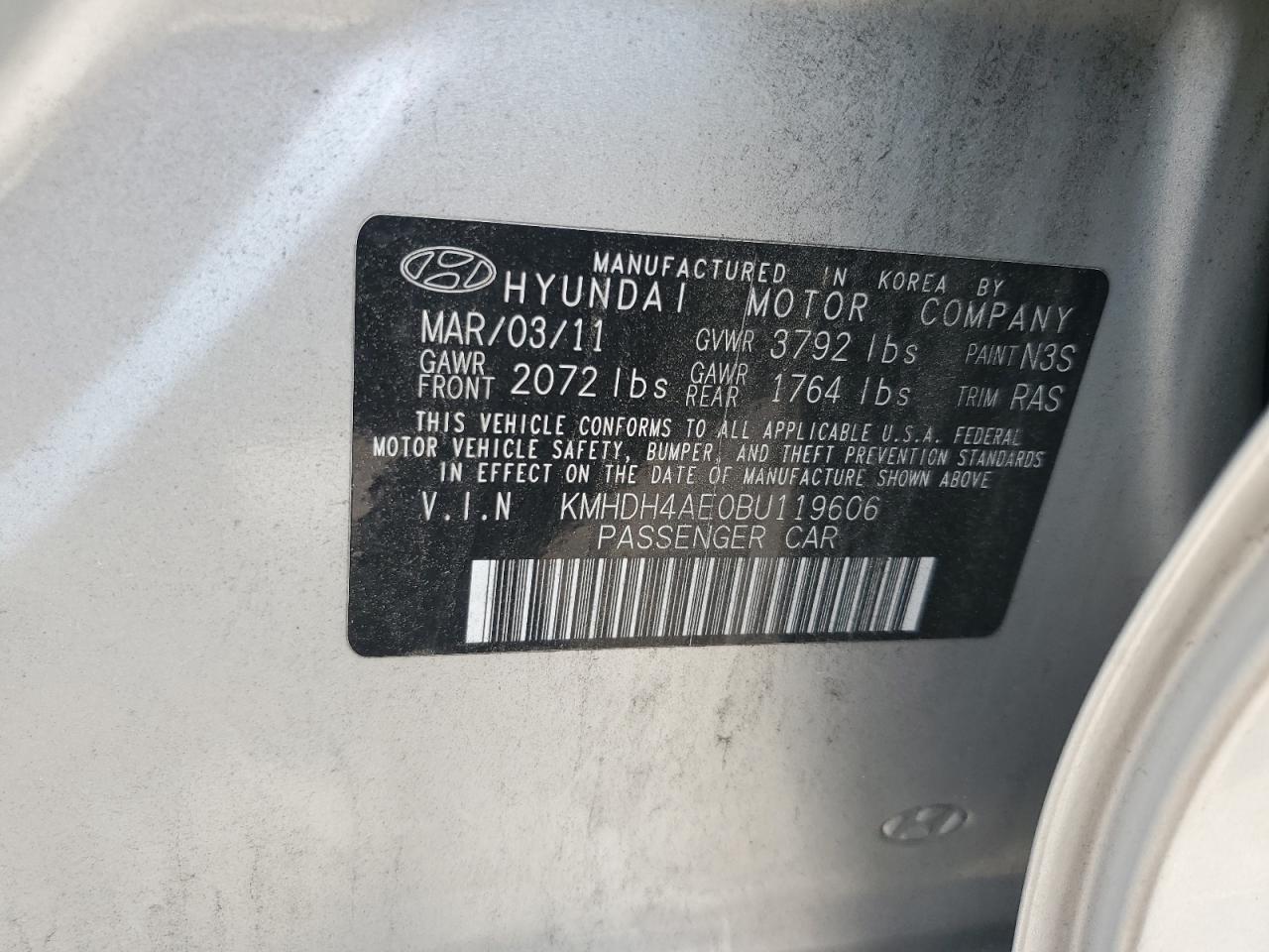 KMHDH4AE0BU119606 2011 Hyundai Elantra Gls