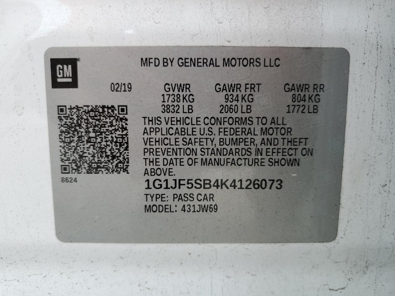 2019 Chevrolet Sonic Premier VIN: 1G1JF5SB4K4126073 Lot: 65554704