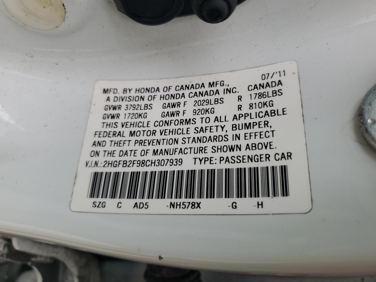 2HGFB2F98CH307939 2012 Honda Civic Exl