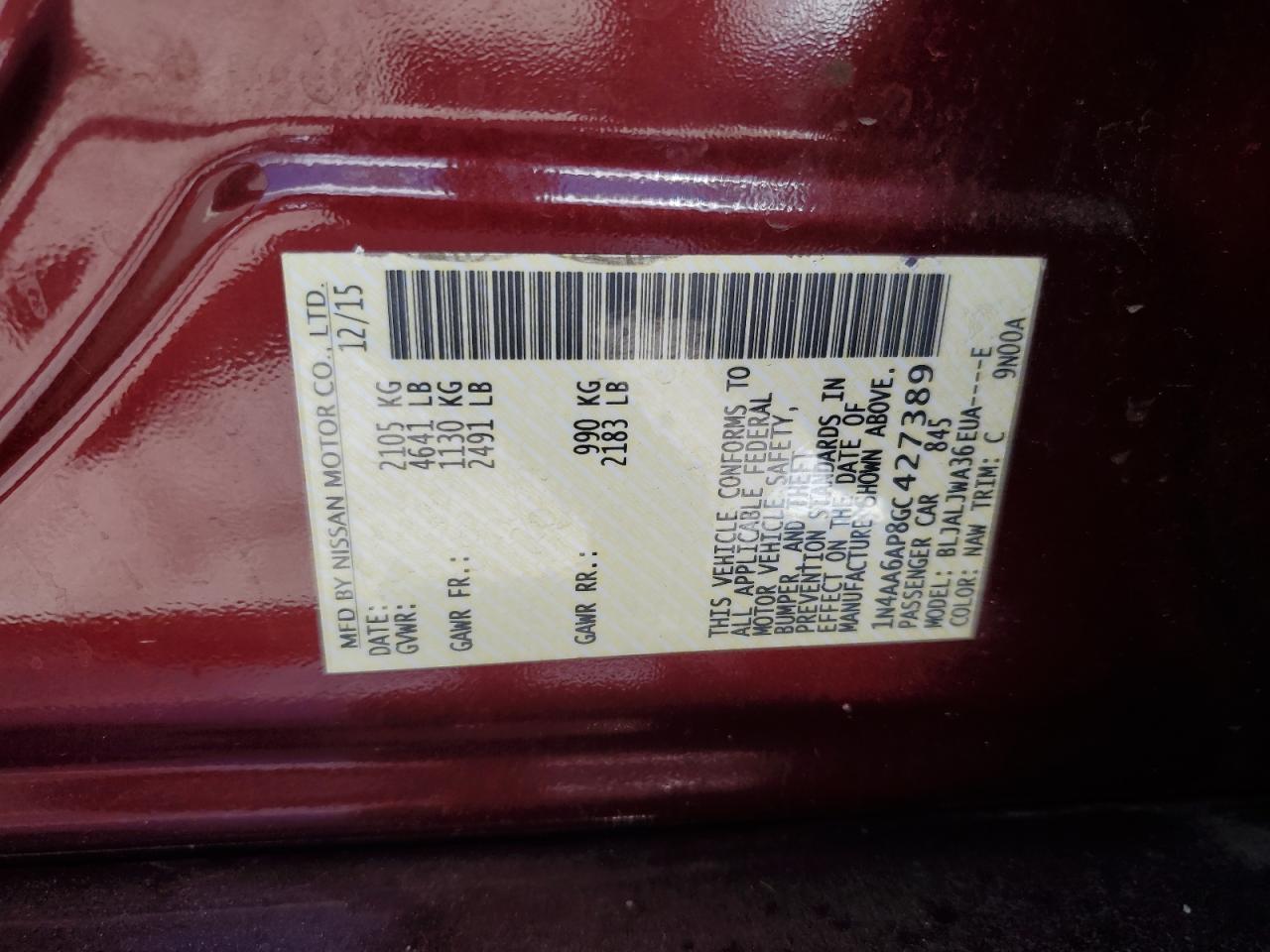 2016 Nissan Maxima 3.5S VIN: 1N4AA6AP8GC427389 Lot: 61445634