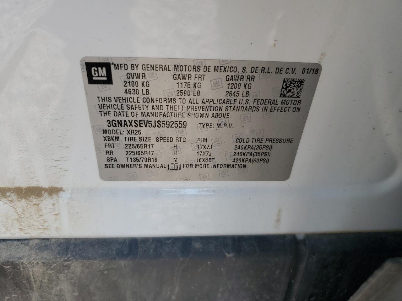 2018 Chevrolet Equinox Lt VIN: 3GNAXSEV5JS592559 Lot: 64436234