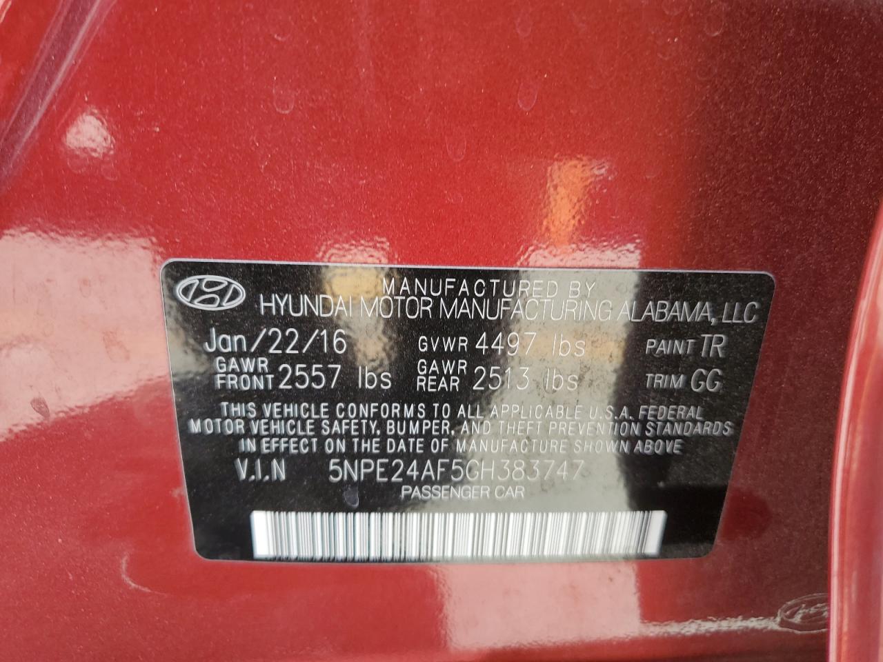 2016 Hyundai Sonata Se VIN: 5NPE24AF5GH383747 Lot: 64711324