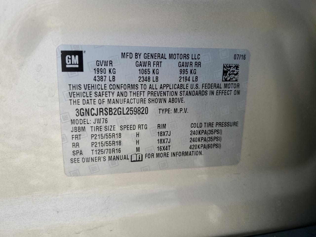 2016 Chevrolet Trax Ltz VIN: 3GNCJRSB2GL259820 Lot: 65024154