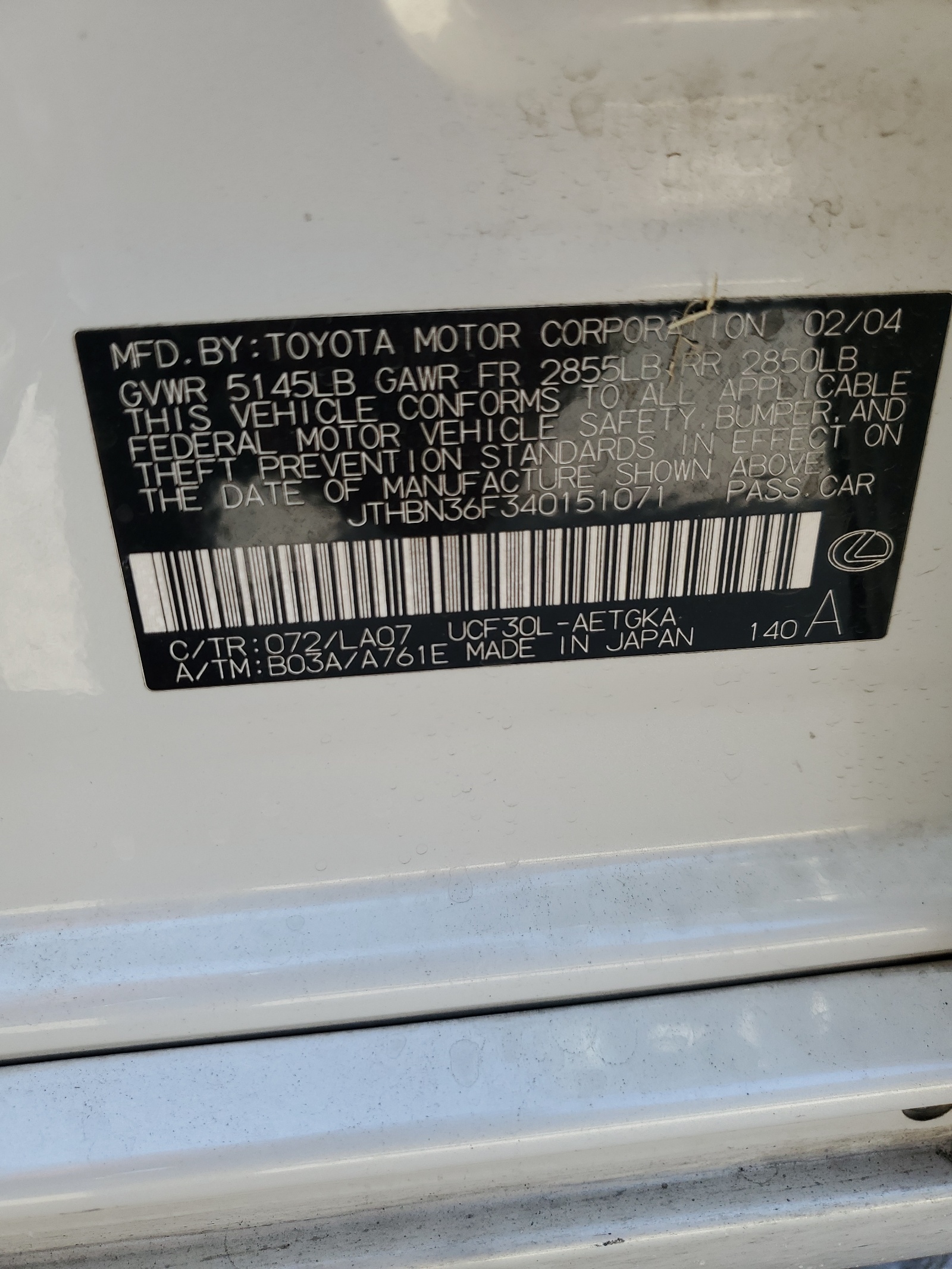 JTHBN36F340151071 2004 Lexus Ls 430