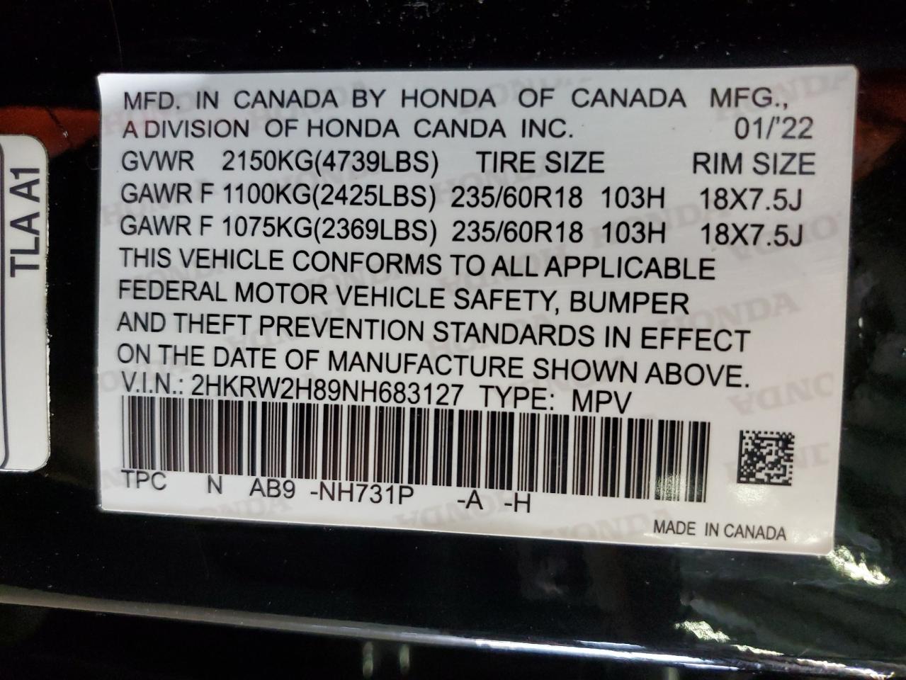 2022 Honda Cr-V Exl VIN: 2HKRW2H89NH683127 Lot: 64848014