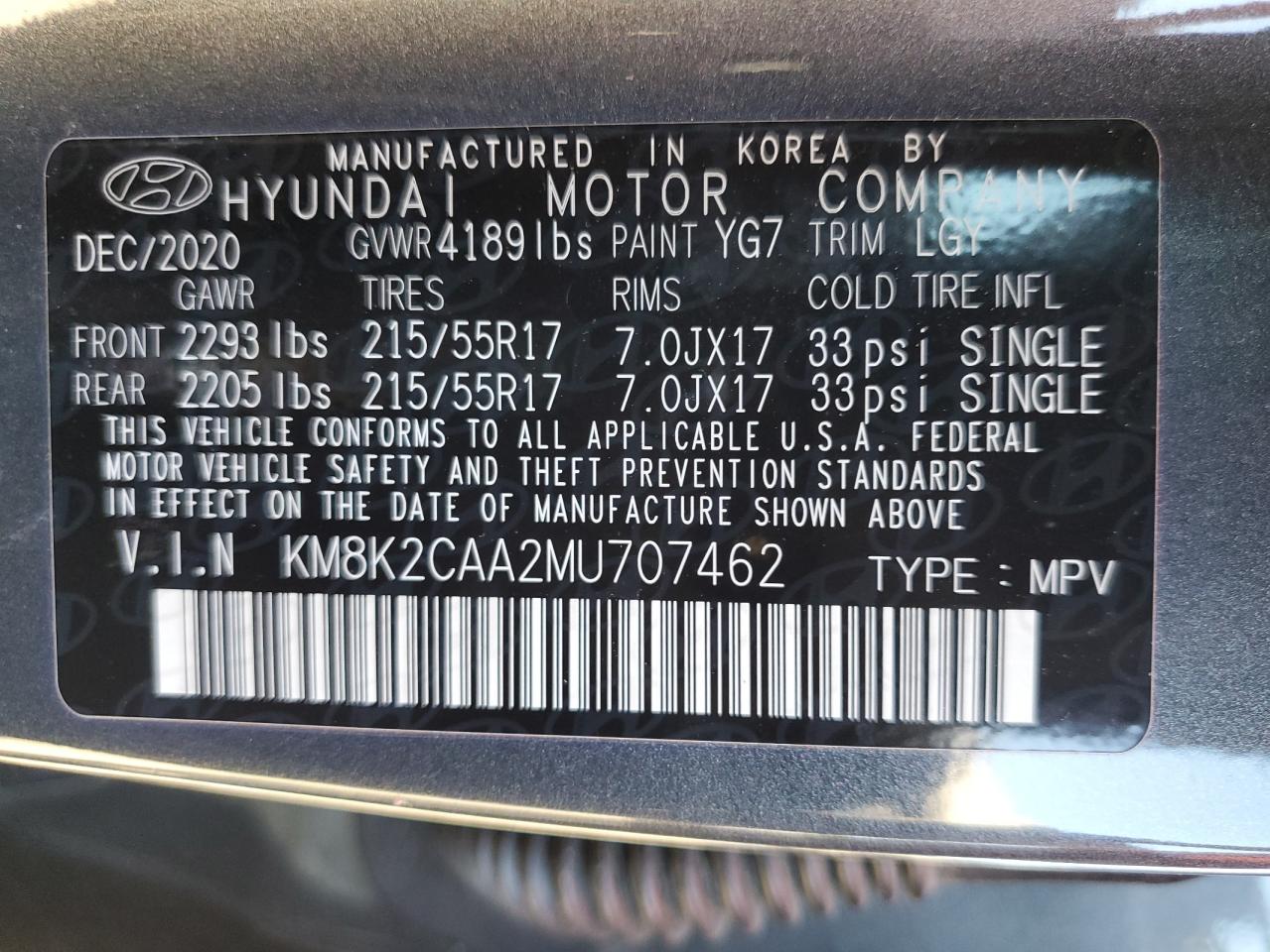 2021 Hyundai Kona Sel VIN: KM8K2CAA2MU707462 Lot: 62545294