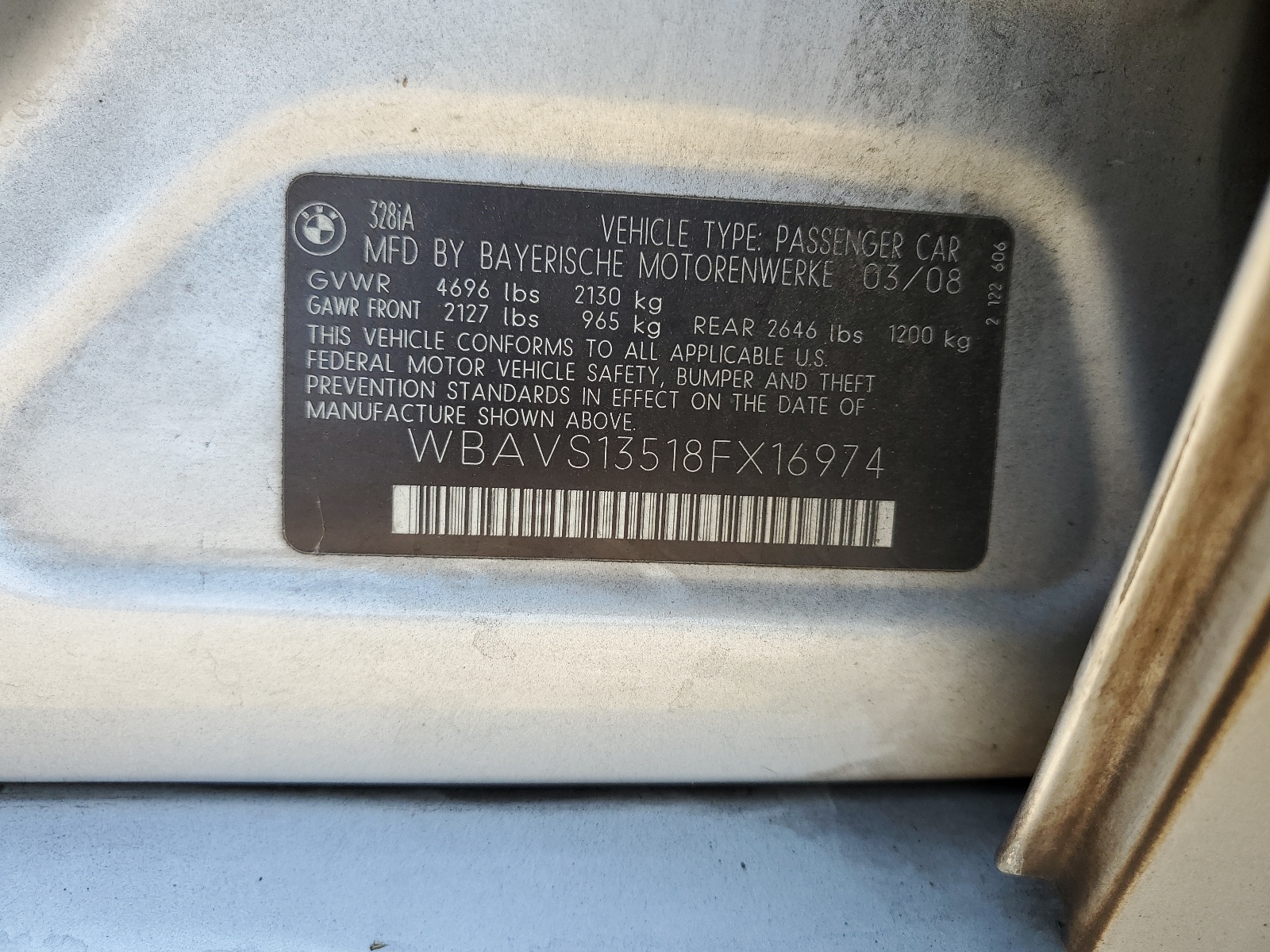 WBAVS13518FX16974 2008 BMW 328 It