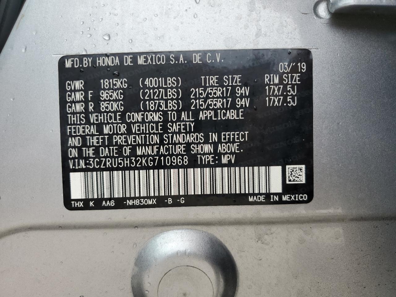 2019 Honda Hr-V Lx VIN: 3CZRU5H32KG710968 Lot: 62306604