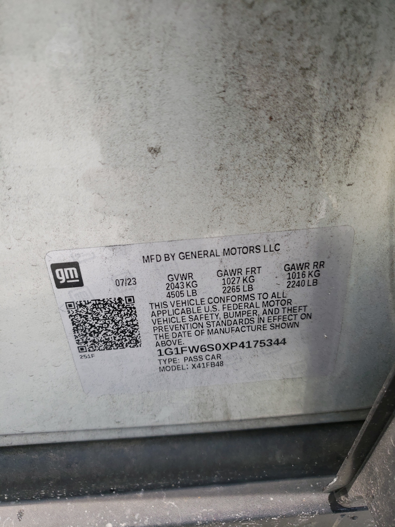 1G1FW6S0XP4175344 2023 Chevrolet Bolt Ev 1Lt