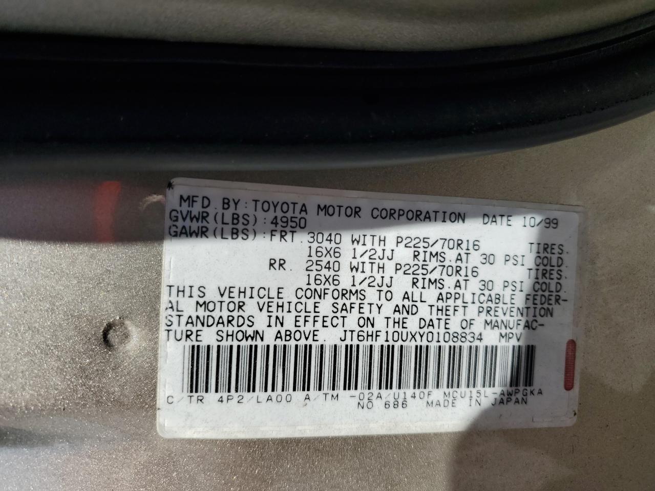 2000 Lexus Rx 300 VIN: JT6HF10UXY0108834 Lot: 65288814