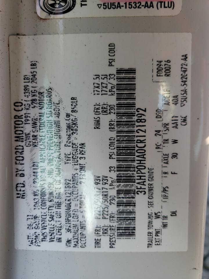 2012 Ford Fusion Se VIN: 3FAHP0HA0CR121892 Lot: 63512264