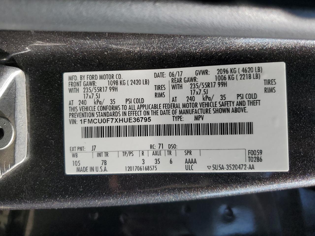 1FMCU0F7XHUE36795 2017 Ford Escape S