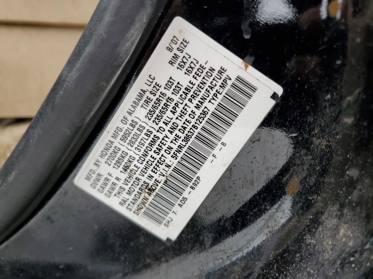 2007 Honda Odyssey Exl VIN: 5FNRL38637B125367 Lot: 62116174