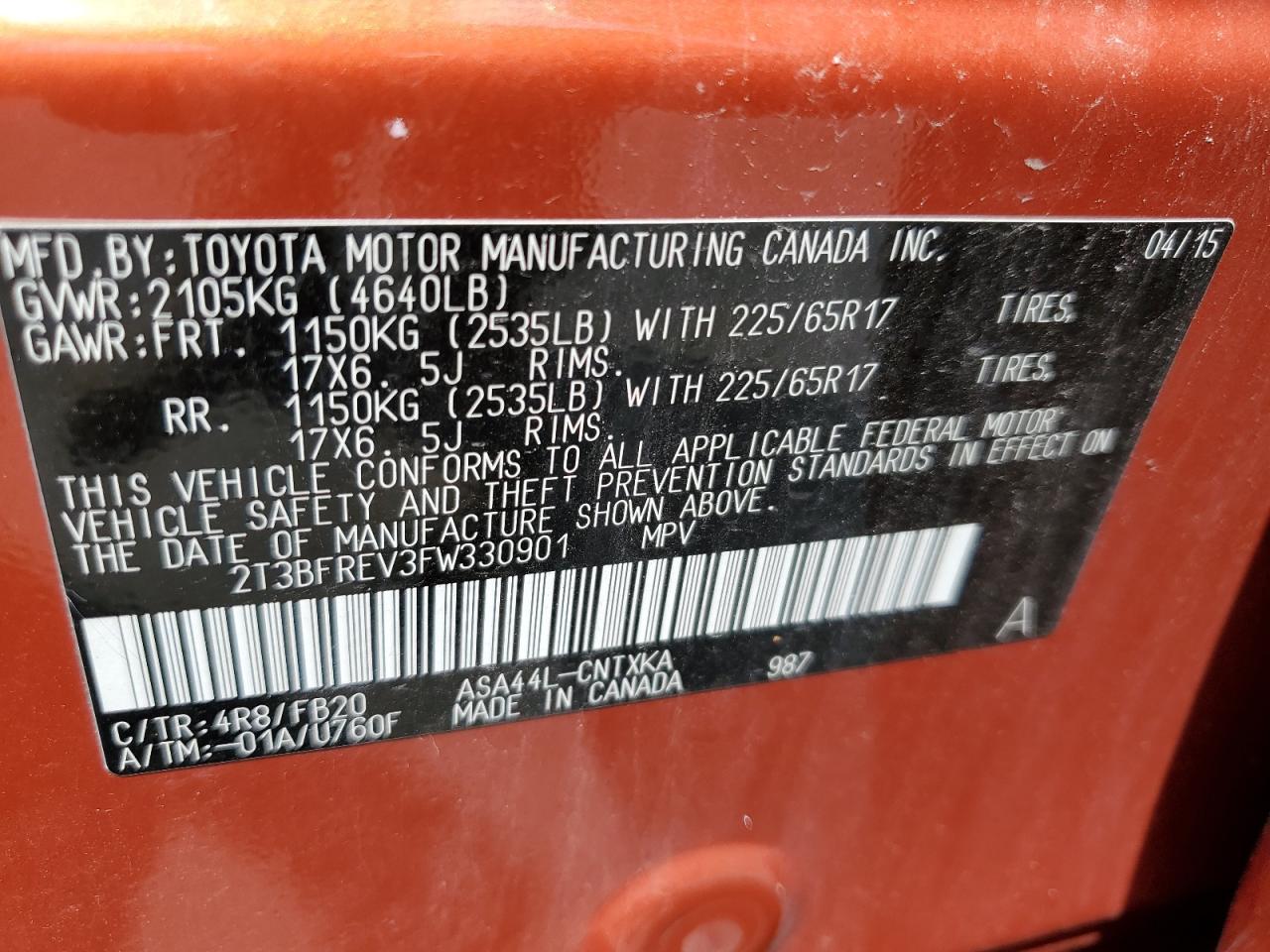 2015 Toyota Rav4 Le VIN: 2T3BFREV3FW330901 Lot: 64722264