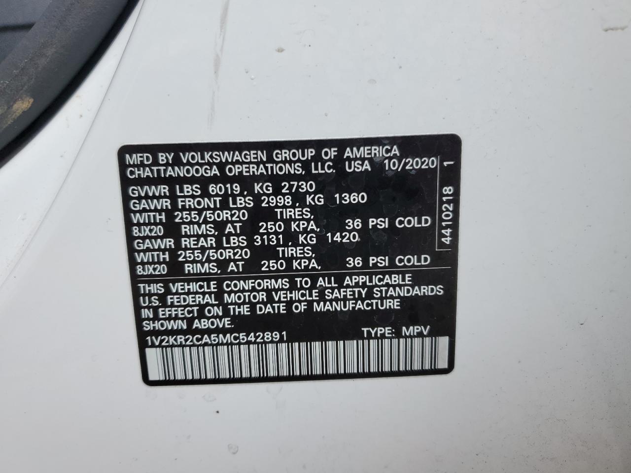 2021 Volkswagen Atlas Se VIN: 1V2KR2CA5MC542891 Lot: 63260784