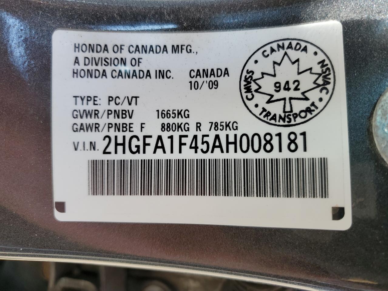 2010 Honda Civic Dx-G VIN: 2HGFA1F45AH008181 Lot: 60894645