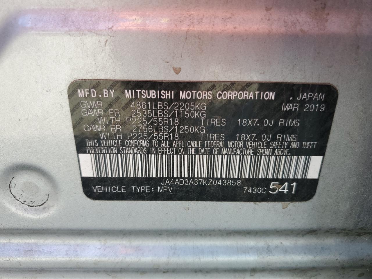 2019 Mitsubishi Outlander Se VIN: JA4AD3A37KZ043858 Lot: 62489994