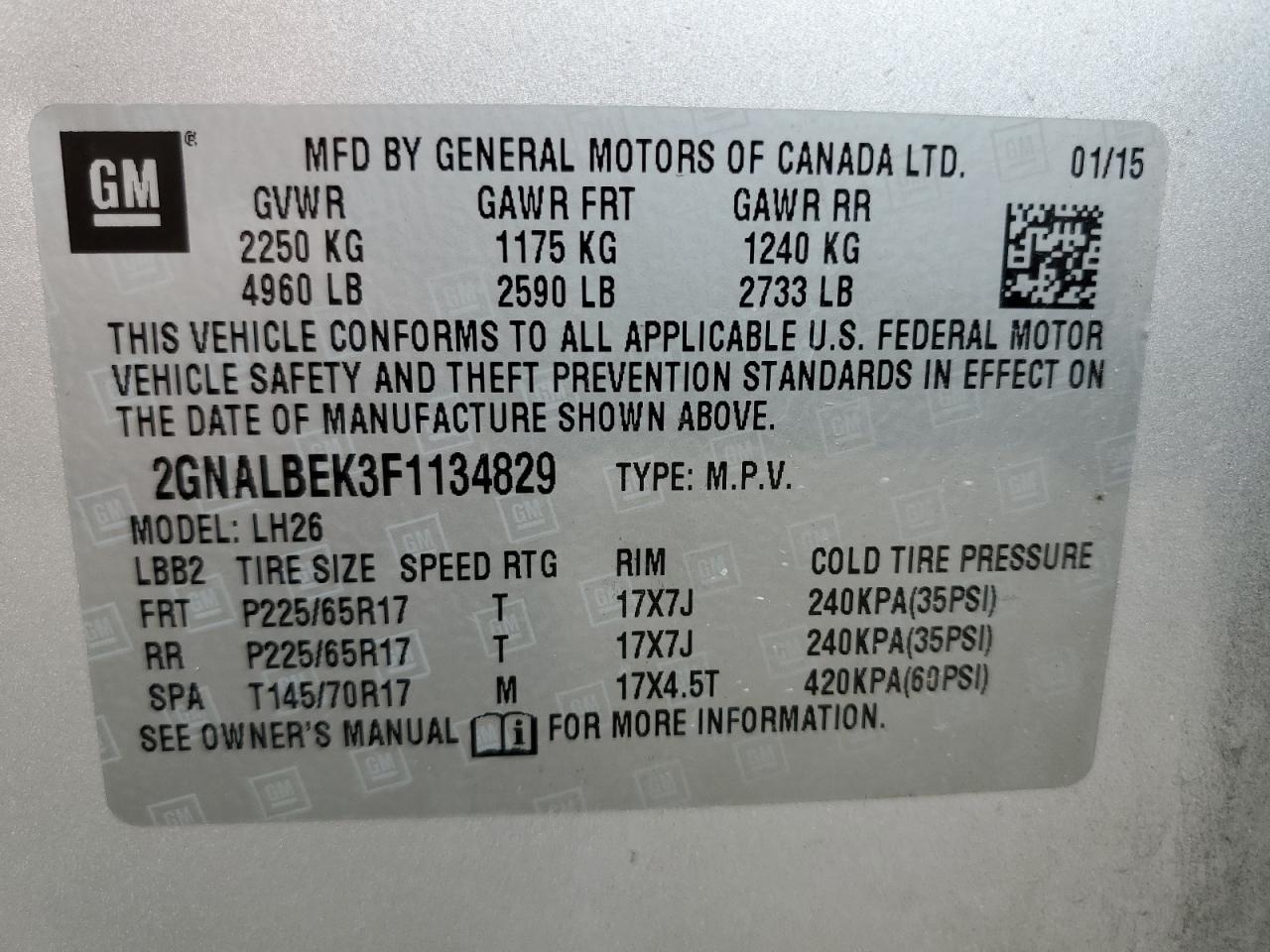 2015 Chevrolet Equinox Lt VIN: 2GNALBEK3F1134829 Lot: 61829074