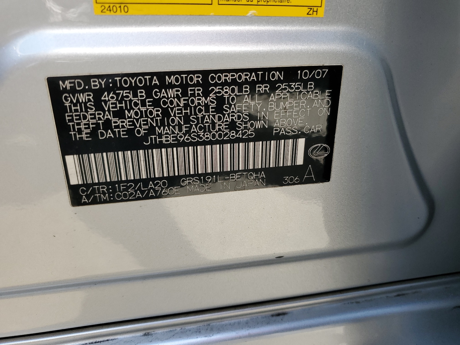 JTHBE96S380028425 2008 Lexus Gs 350