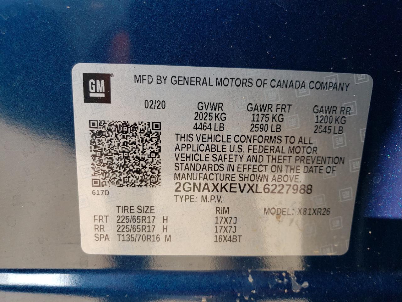 2GNAXKEVXL6227988 2020 Chevrolet Equinox Lt