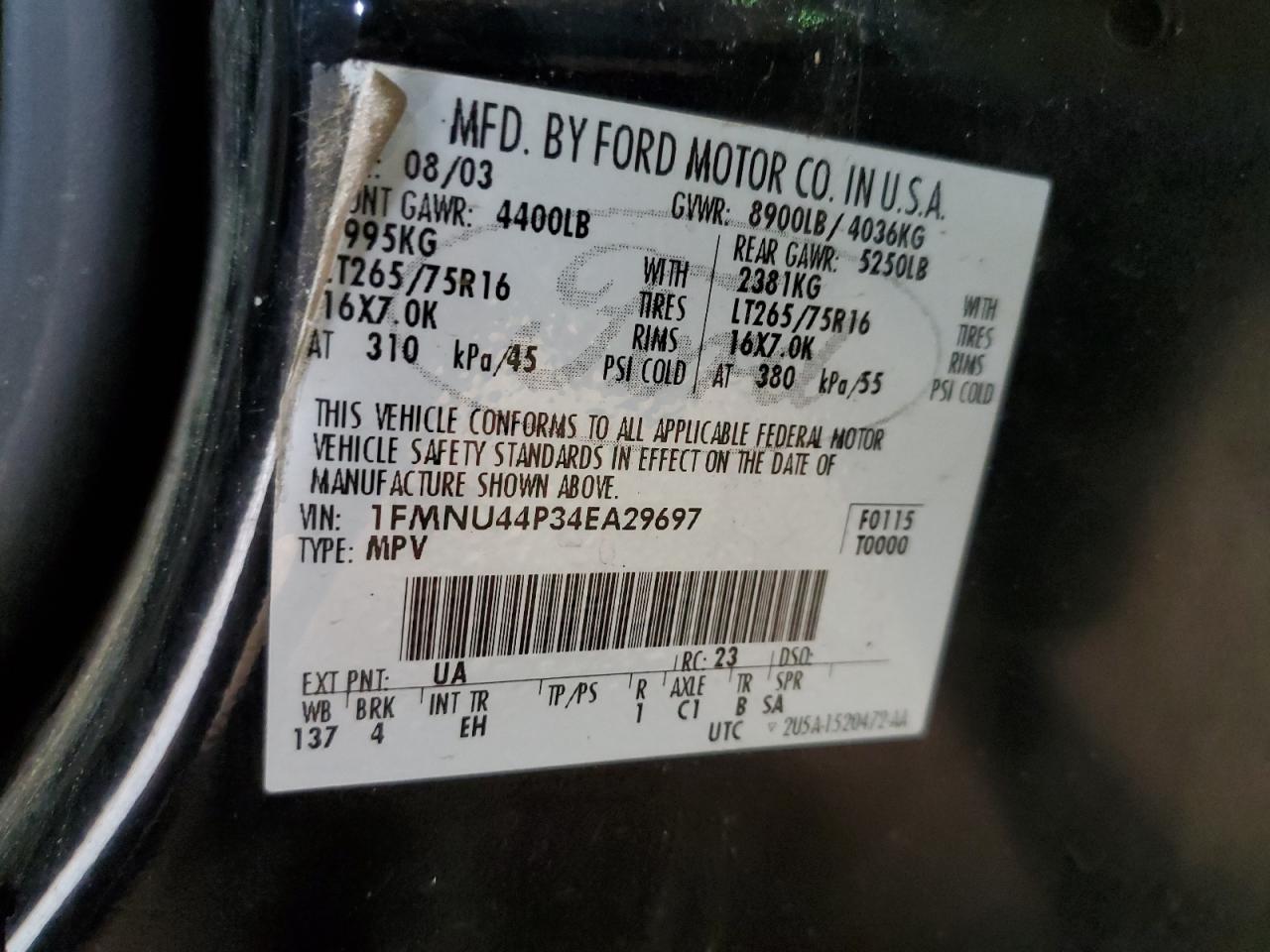 2004 Ford Excursion Eddie Bauer VIN: 1FMNU44P34EA29697 Lot: 64411304