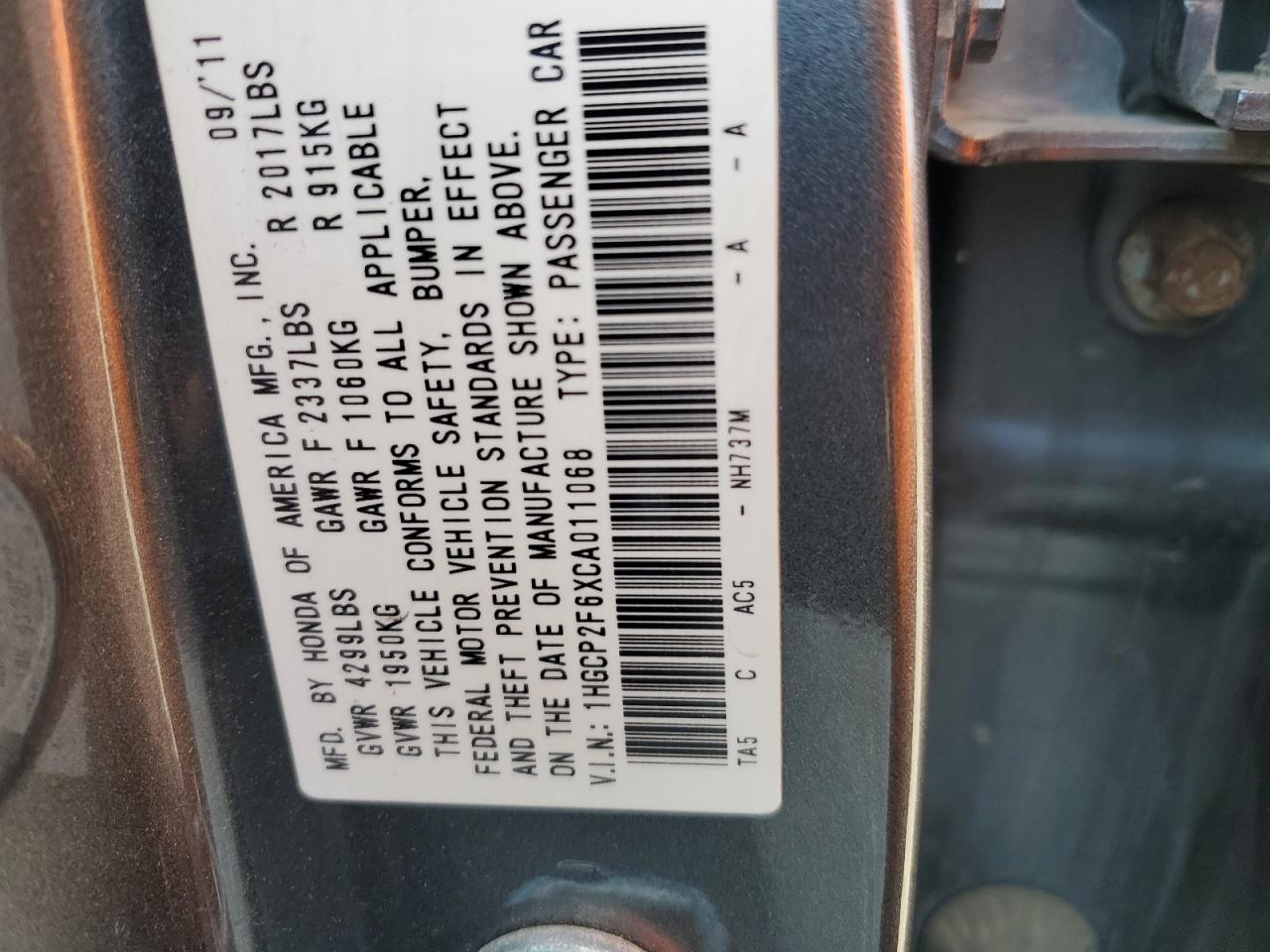 1HGCP2F6XCA011068 2012 Honda Accord Se