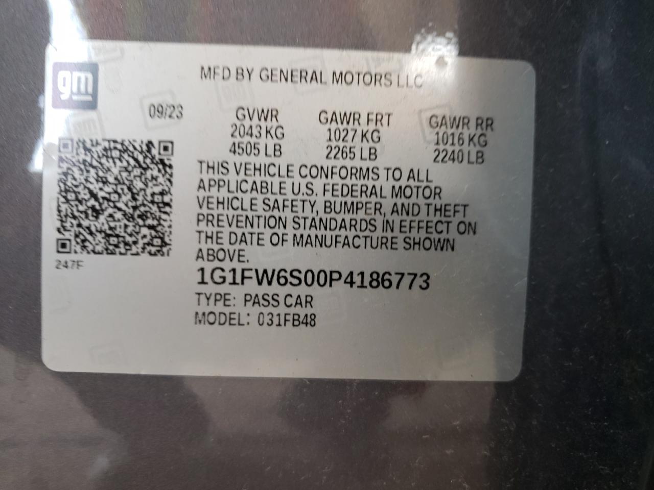 2023 Chevrolet Bolt Ev 1Lt VIN: 1G1FW6S00P4186773 Lot: 65019664