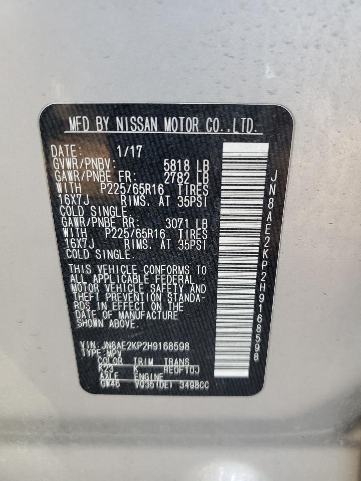 JN8AE2KP2H9168598 2017 Nissan Quest S