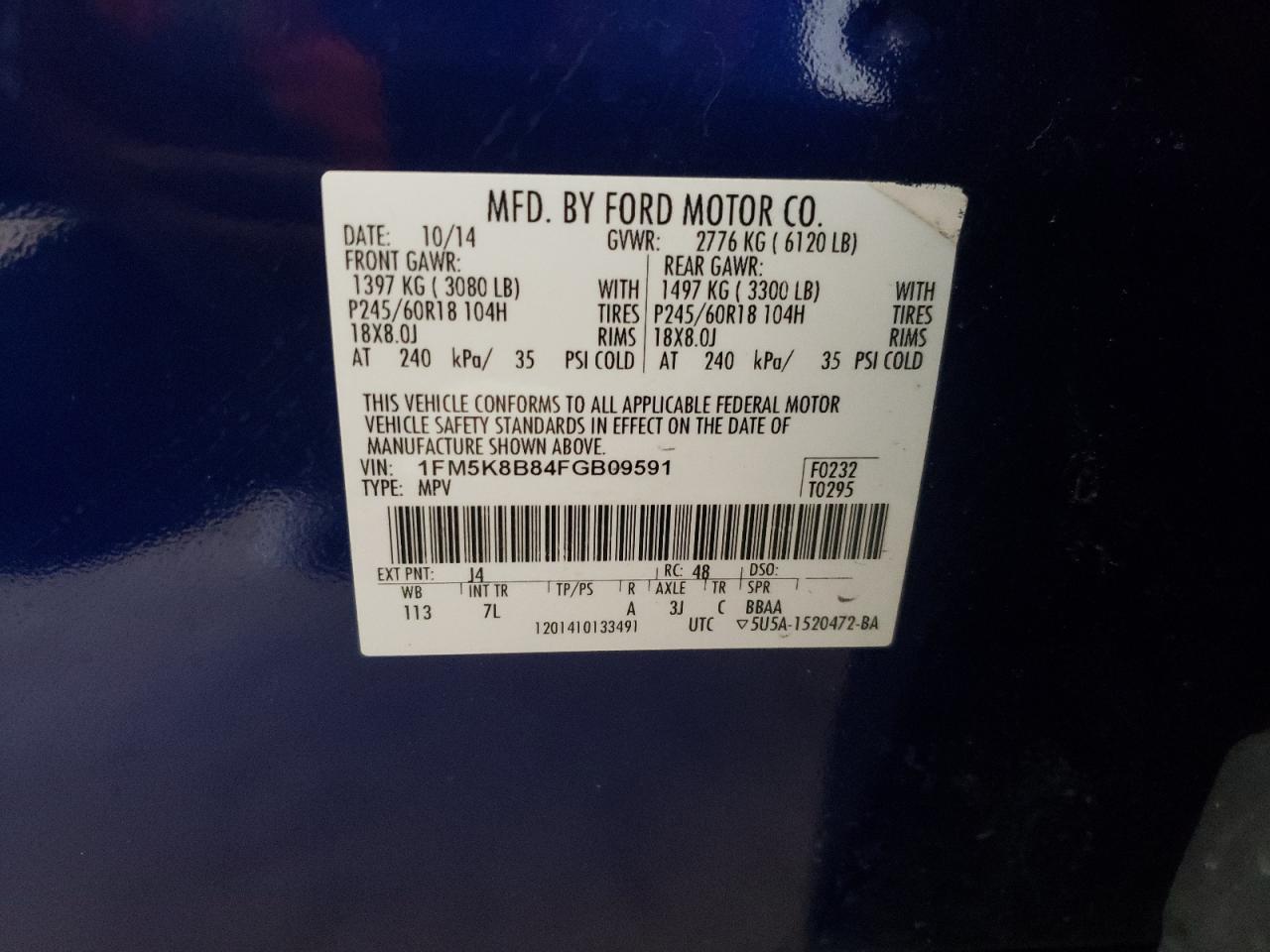 2015 Ford Explorer VIN: 1FM5K8B84FGB09591 Lot: 61073964