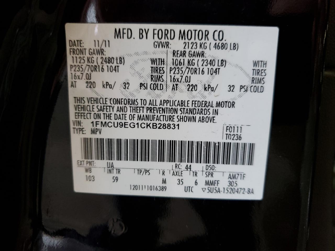 2012 Ford Escape Limited VIN: 1FMCU9EG1CKB28831 Lot: 63826064